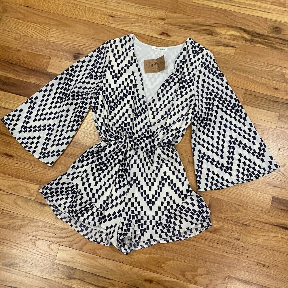Honey Punch | Navy Blue & White Long Sleeve Romper